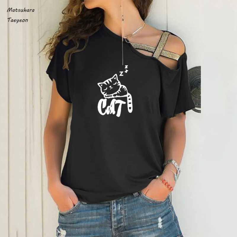 

Lovely Cat Print Woman Tshirts Fashion Summer Short Sleeve T Shirt Tops Cat Take A Nap Graphic Tee Oversized T-Shirt