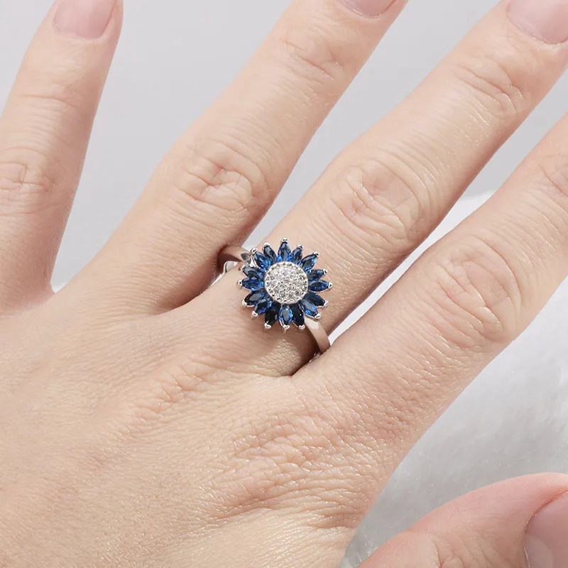 Cellacity Trendy Silver  Ring for Women Gemstones Fine Jewelry Sunflower Sapphire Zircon Blue Female Dating Ring Korean Style