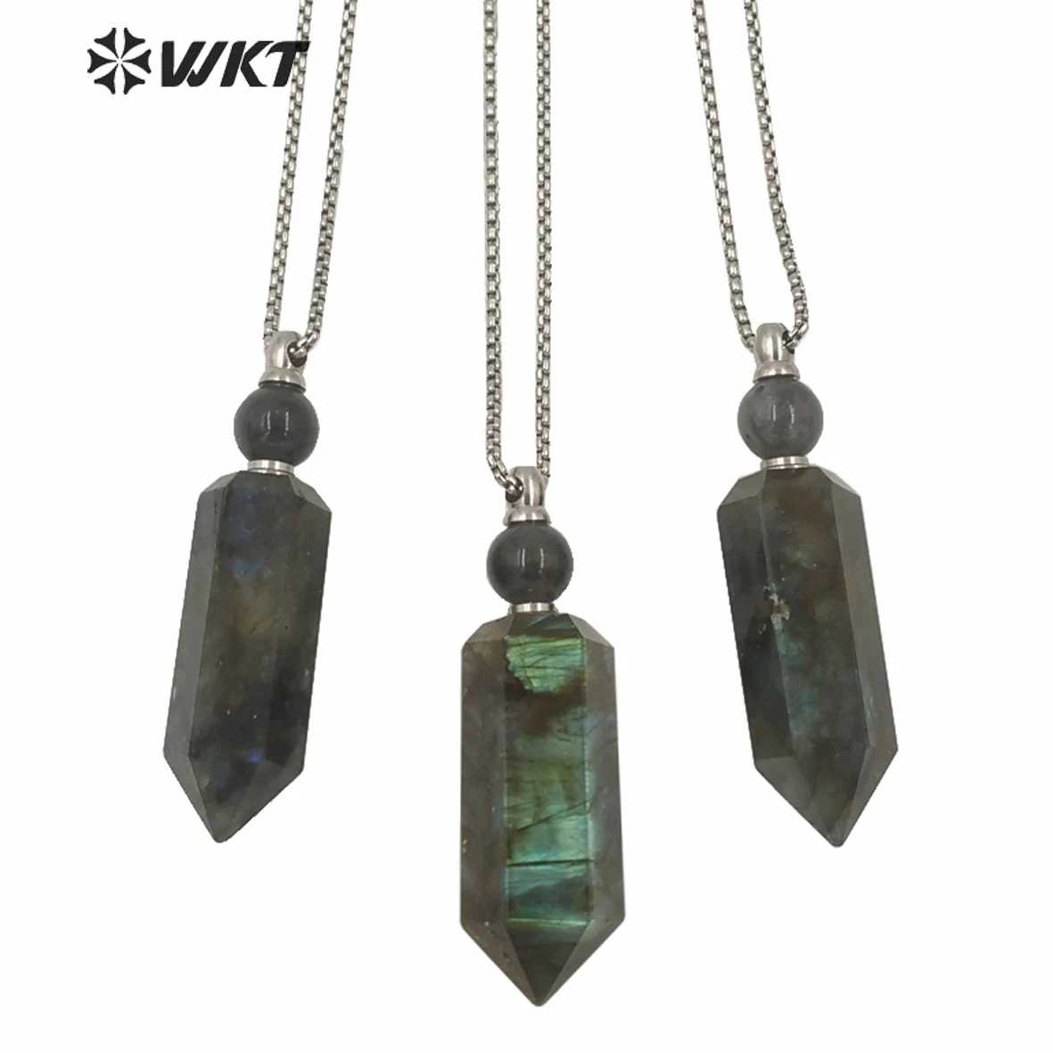 

WT-N1257 Fashion Big Size Stone Perfume Bottle Necklace Luxury Vintage Labradorite Essential Oil Bottle Necklace procurement