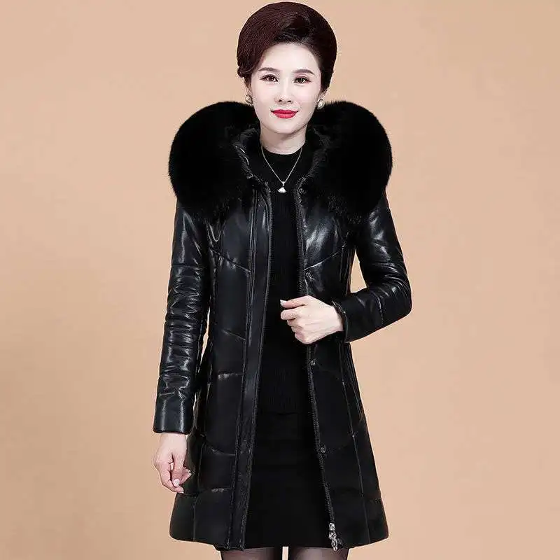 PU Leather Jacket Winter Women Coat Zipper Fur Collar Thicken Cotton Warm Hooded Coat Pu Leather Middle-aged Women Parkas R1636