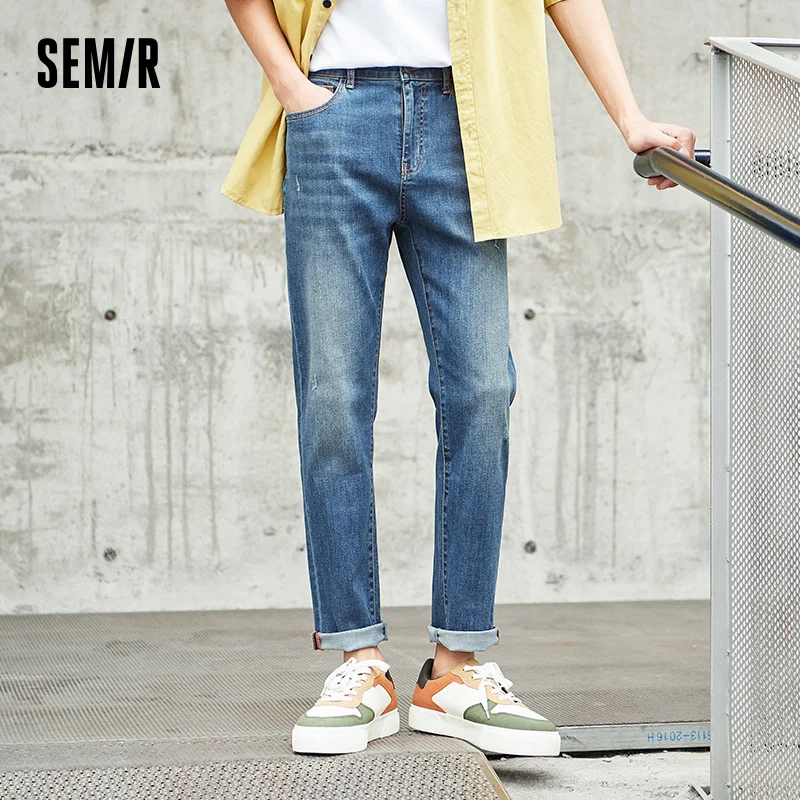 SEMIR 남성용 데님 바지, 캐주얼 스트레치 스트레이트 레그 팬츠, 인스 타이드 브랜드, 워싱 팬츠, 봄 및 여름 신상