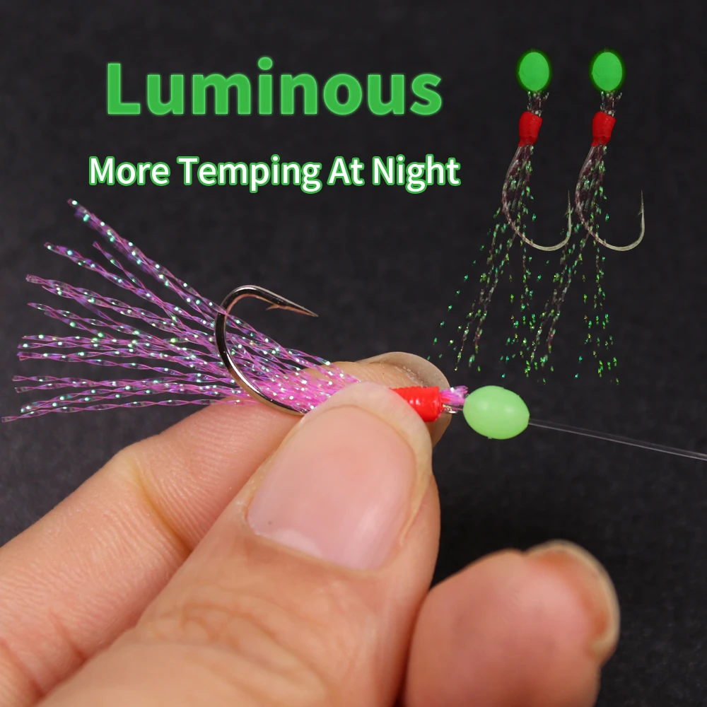 6pcs/lot Saltwater Luminous Fishing Lures Sabiki Rig Carbon Steel String Hooks Long Wire Colored Flash Artificial Bait #7-#15