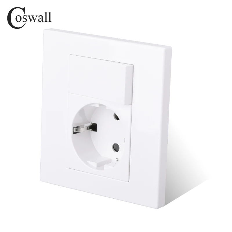 Coswall PC Panel EU Russia Spain Wall Socket + 16A 1 Gang 1 Way On / Off Rocker Light Switch White Color Modular 92*86mm