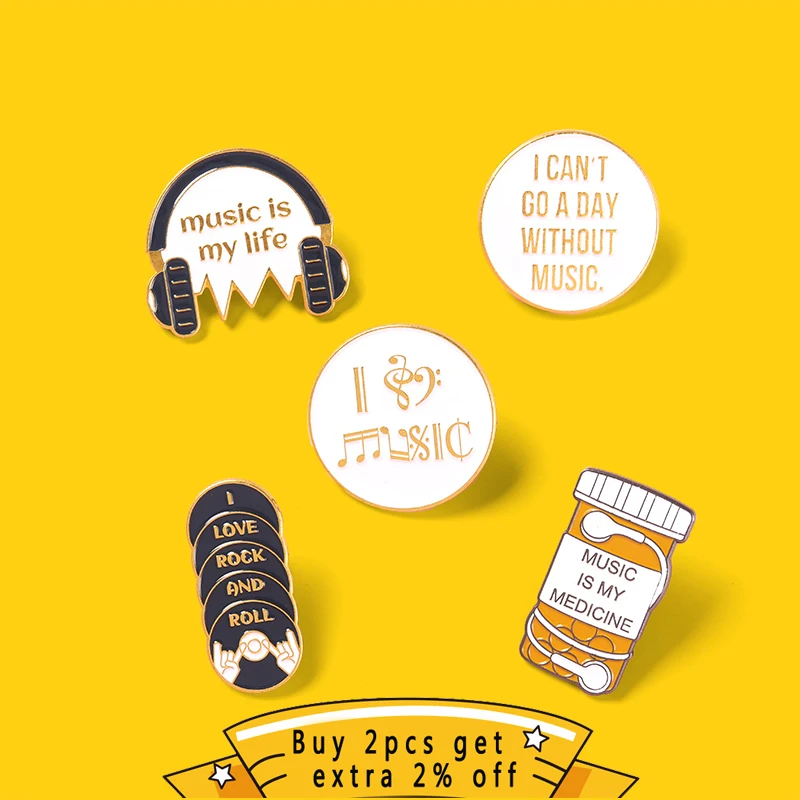 Metal Music Enamel Pins CD Record Headphones White Round Musical Note Brooch Badge a Gift for Music Boy Girl Lovers Friends