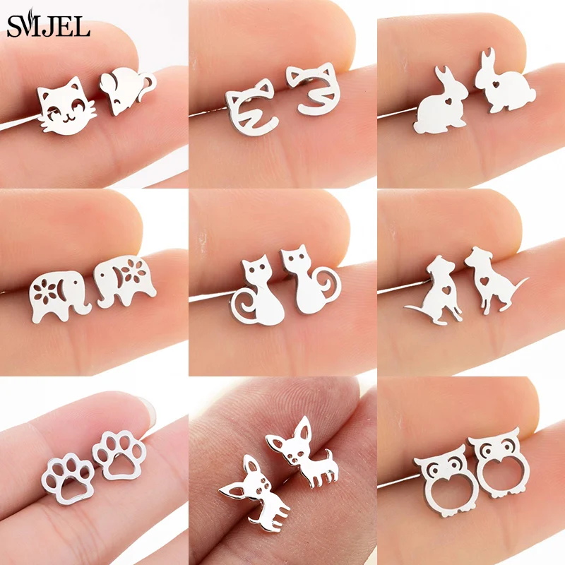 Small Cartoon Animal Kitty Stud Earrings For Women Fashion Stainless Steel Kitten Cat Dog Paw Earring Owl Bee Jewelry Gifts