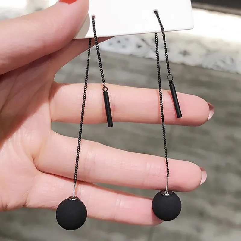 Black Color Matte Ball Pendant Dangle Earrings Long Chain Tassel Drop Earrings Korean Contracted Temperament Ear Line Jewelry