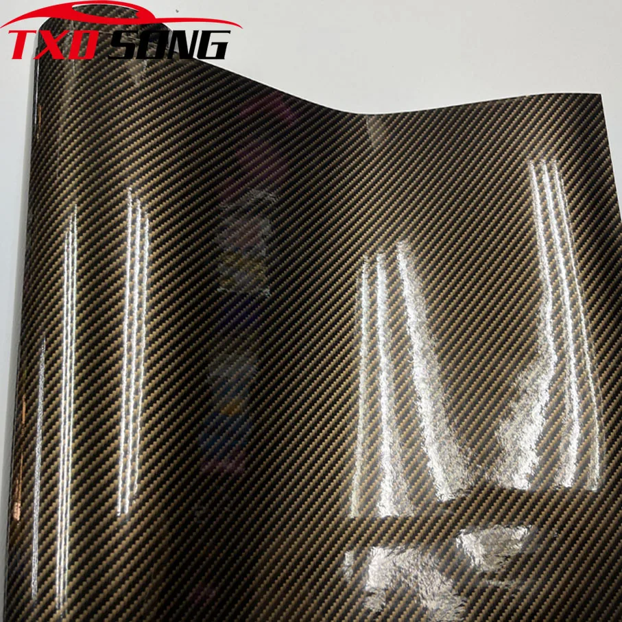 50cm*200/300cm 2D Carbon Fiber Glossy Carbon Fiber Vinyl Film 2D Gold Diagonal Car Wrap Foil with Air Release