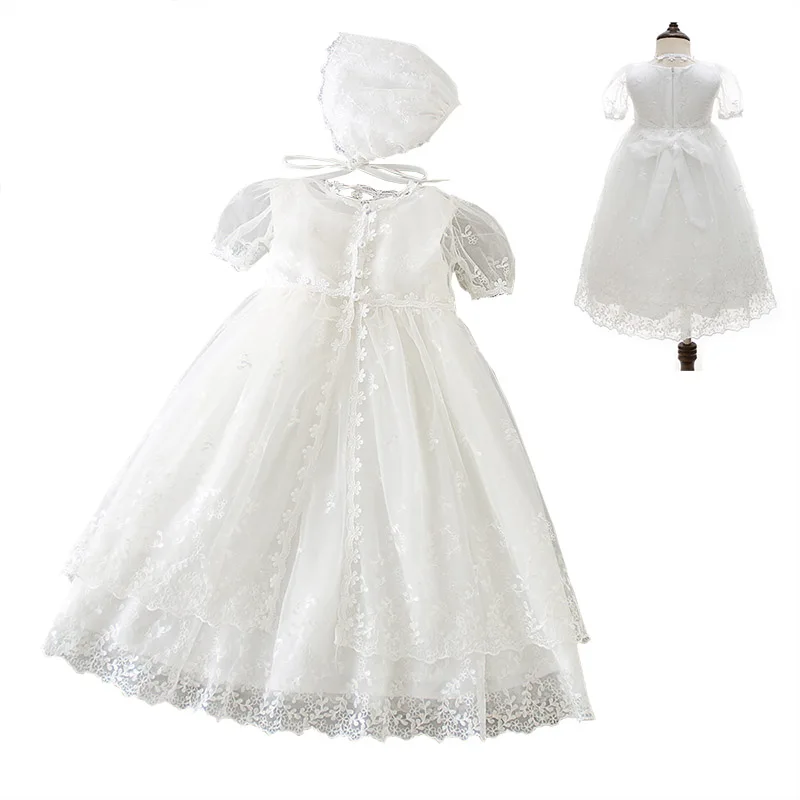 Baby Girls Christening Gown Dress Newborn White Lace Baptism Dress+Cape+Ruffle Hat First Birthday Outfits for Child Bebe 9M 12M