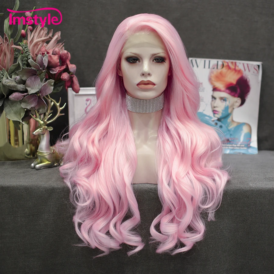 Imstyle różowy peruka długie syntetyczna koronka peruka Front naturalne falowane peruki dla kobiet włókno termoodporne peruka do Cosplay