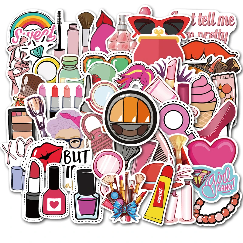 50 Stks/set Meisjes Maken Up Dingen Stickers Voor Diy Bagage Telefoon Laptop Graffiti Stickers 100% Vinly Waterdicht Diy Decals