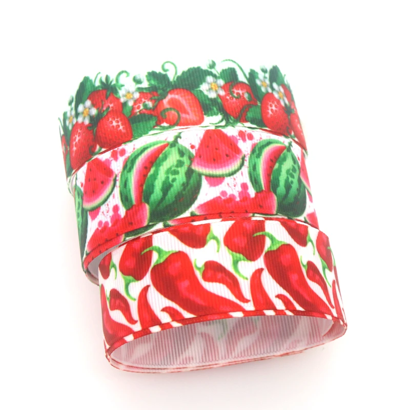 DHK 50yards Watermelon Strawberry chili Printed Grosgrain Ribbon Accessories Material Headwear DIY Sewing Craft S1742