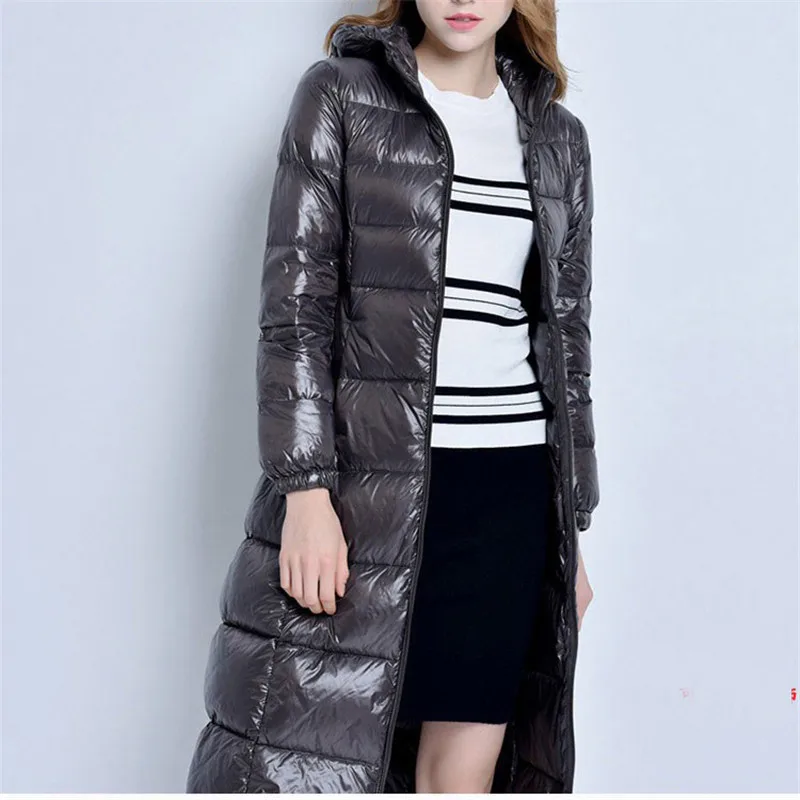 Jaqueta Puffer Longa e Quente para Mulheres, Nova Coleção Outono Inverno, Slim, Leve, Casaco de Pluma de Pato Branco, Parkas com Capuz