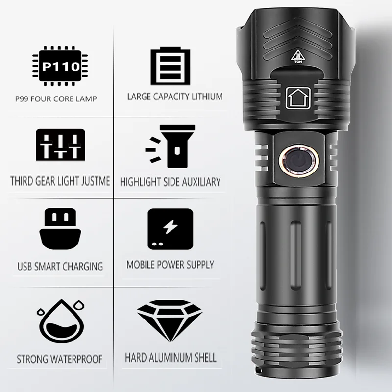 Recarregável LED Torch Lamp, Lanterna de Alta Potência, Lanterna Tática, Long Shot Lâmpada de Mão para Camping, 1000 lm, 800W