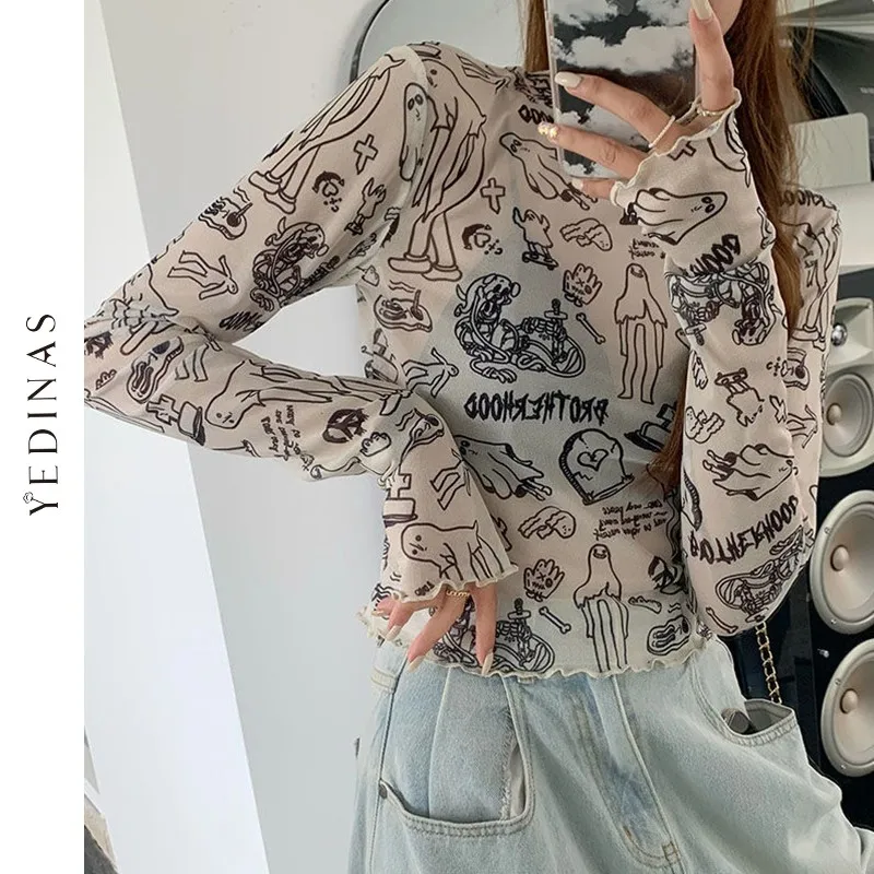 Yedinas Korean Style Long Sleeve Mesh T-shirt Women Funny Art Print See Through Tshirt Folds Design Crop Tops Sexy Streetwear