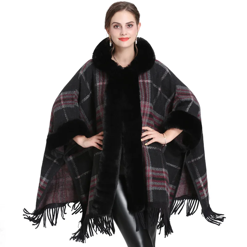 Women Winter Shawl Street Fashion Fur Collar Hooded Knit Woolen Cloth Cloak Cardigan Outwear Oversized Cardigan Coat свитер