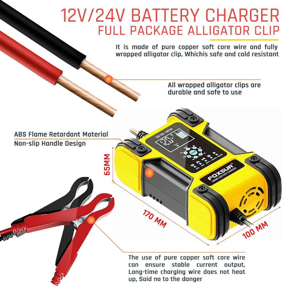 FOXSUR-Chargeur de batterie de voiture intelligent, 12V, 12A, 24V, 5A, moto, camion, bateau, lithium veFePO4 AGM GEL WET, mainteneur en plomb-acide