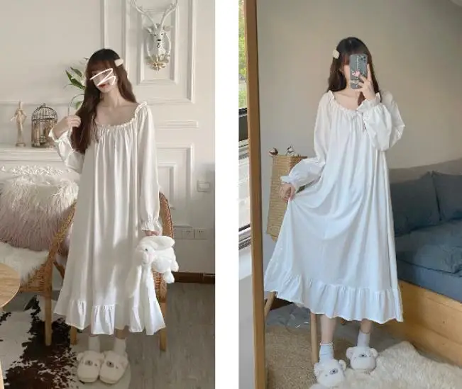 Spring Autumn Nightgowns For Women Dress Cotton Mesh Long Nightdress Long Sleeve Home Wear Clothes Ladie\'s Sleepwear Nightshirt