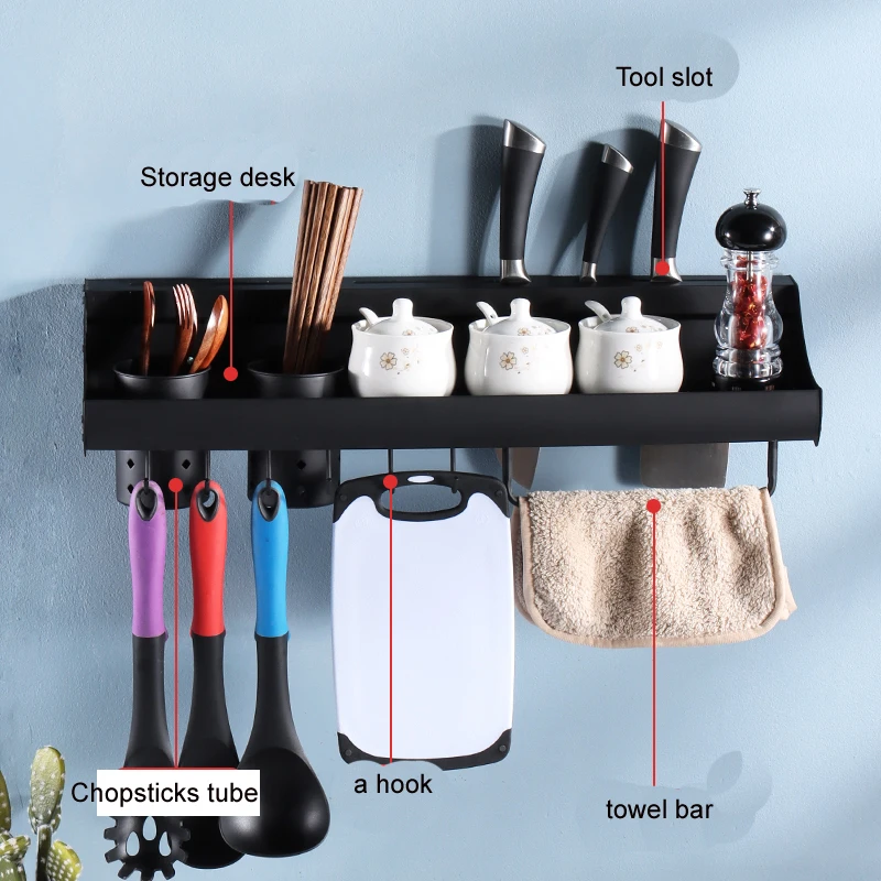 No punching kitchen shelf wall mounted supplies multifunctional condiment seasoning storage artifact hanging shelf knife rest