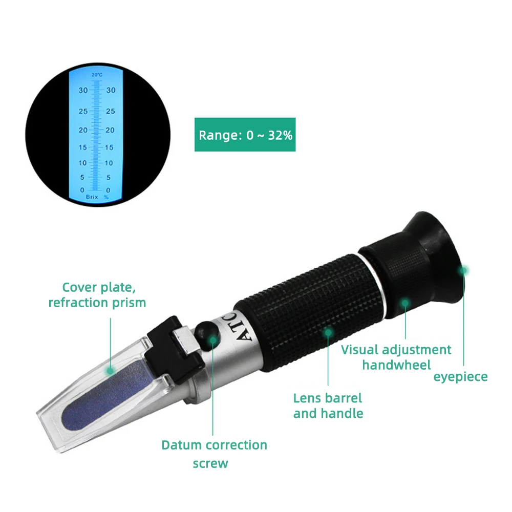 Refractometer Brix Sugar Alcohol Salinity Handheld Refractometer Wine Beer Sugar Fruit Vegetables Juice with ATC 0-80% 0-32%off