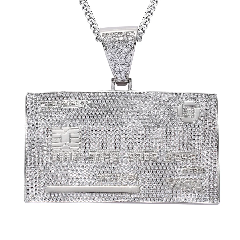 Big Bank Card Iced Out Pendants Necklace For Men Personality Cooper Cubic Zircon Necklace Long Chain PUNK Gifts Free Ship