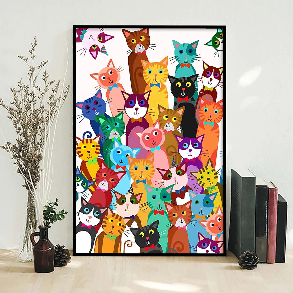 Funny Multi Cat Posters & Prints Cartoon Cute Pet Cat Canvas Art Painting Vinatge Nursery Wall Pictures Children's Room Decor