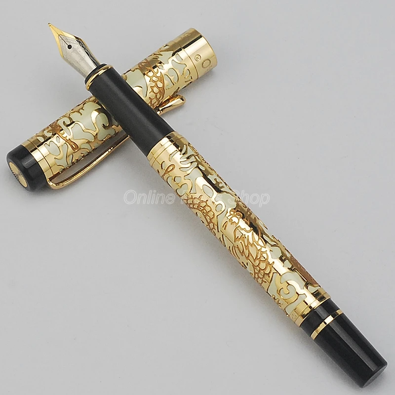 

Jinhao 5000, древняя металлическая авторучка, резьба по текстуре дракона, белое и золото, бизнес-подарочная ручка для письма, авторучка