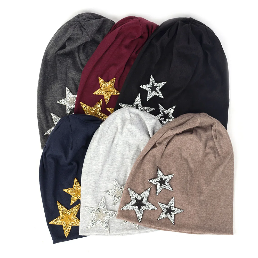 

Geebro Women Cotton Beanies Ladies Winter Slouchy Skullies Caps With Star Rhinestones Hats Female Fashion Solid Color Bonnet