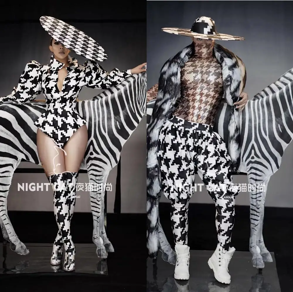 Zebra costume Sexy women men stage dance wear nightclub bar show costumes party bodysuit  jumpsuit