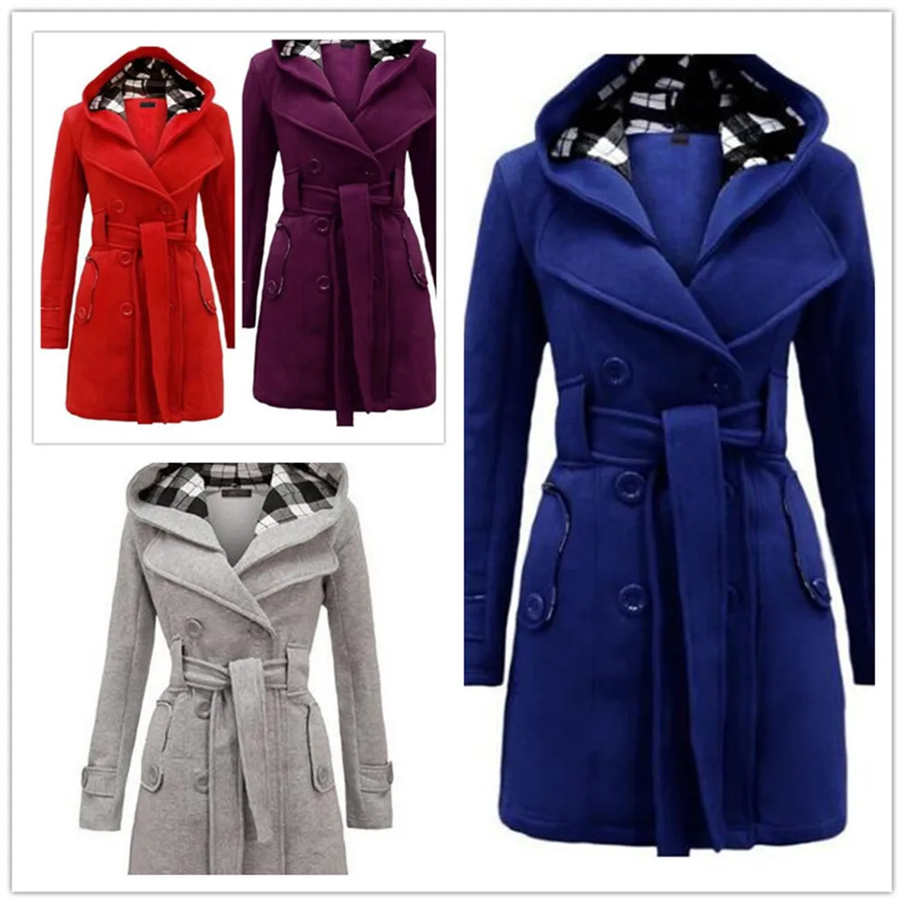 

Women Woolen Coats Warm Long Sleeve Hooded Outwear Jacket Ladies Autumn Winter Belt Double-Breasted Elegant Long Overcoat