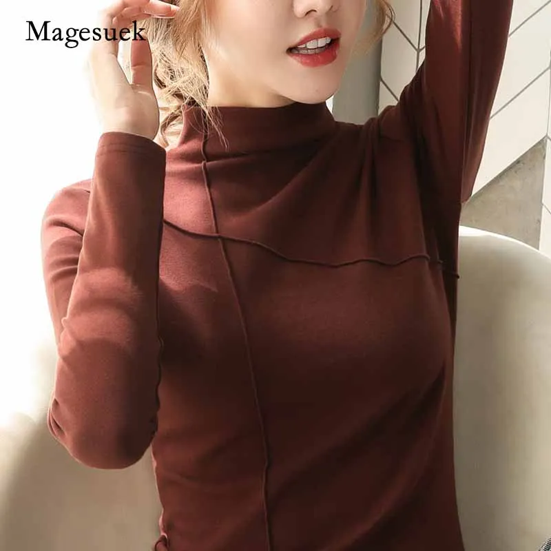 Elegant Solid Slim Half-high Collar Bottoming Shirt Autumn Long Sleeve T-shirt Women Tops Bright Line Pullover Blouse 11218