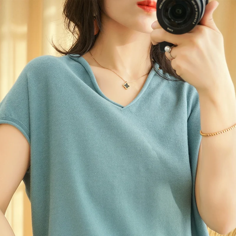 2021 V-neck pullover sweater women cotton Korean version is thin short-sleeved all-match summer T-shirt thin NS4780