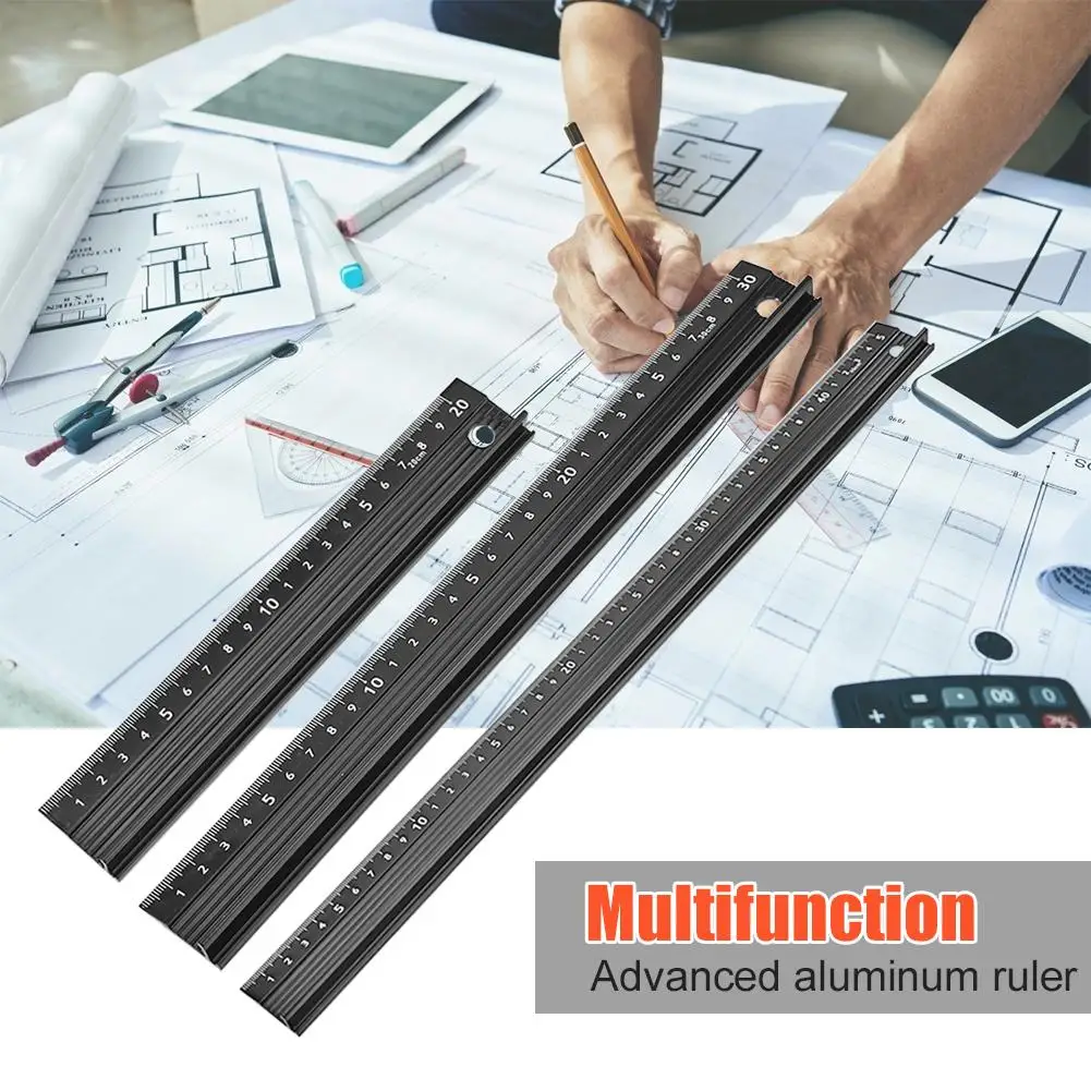 Multi-function Aluminum Alloy Hand Protective Ruler Non-slip Straight Ruler Wood Cutting Straight Ruler Woodworking Ruler Tool