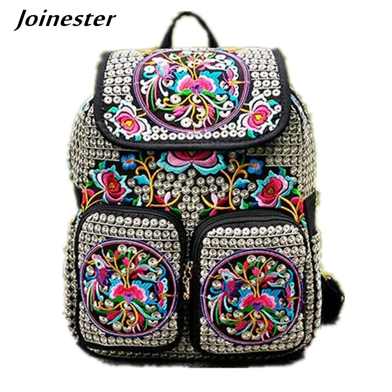 Floral Embroidered Casual Canvas Women Backpacks Girls Ethnic Schoolbags Ladies Vintage Rucksack Multi Pockets Flap Travel Bags