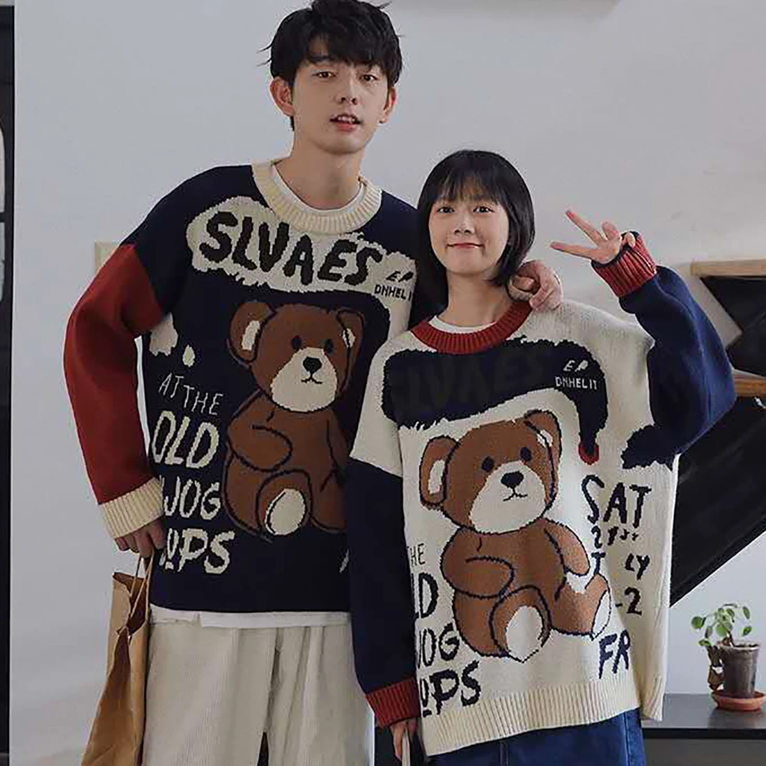 ATSUNSET Cartoon Brown Bear Knitted Wool Autumn And Winter Harajuku Japanese And Korean Pullover Daily Streetwear Top