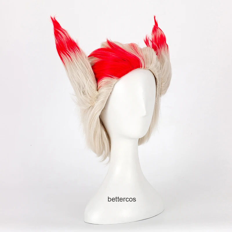 LOL Rakan Cosplay Perruque avec Bonnet et Deux Oreilles, Cheveux Synthétiques, Argent, Mélange Rouge, Degré de Chaleur, 30cm