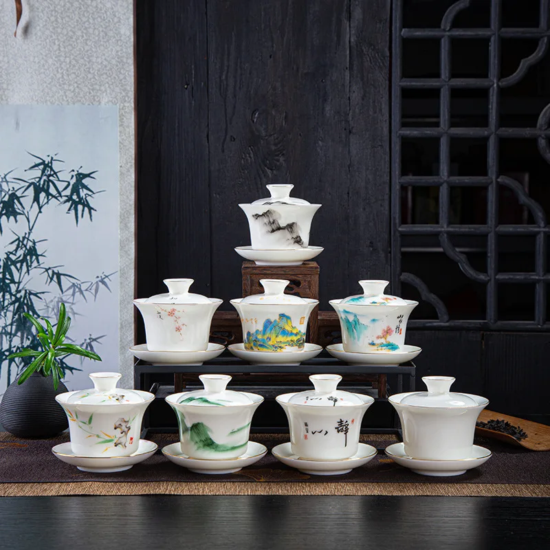 

HMLOVE Mutton-fat Jade White Porcelain Sancai Gaiwan Color Enamel Cover Bowl Lid Saucer Handmade Tea Tureen Teaware Sets 160ML
