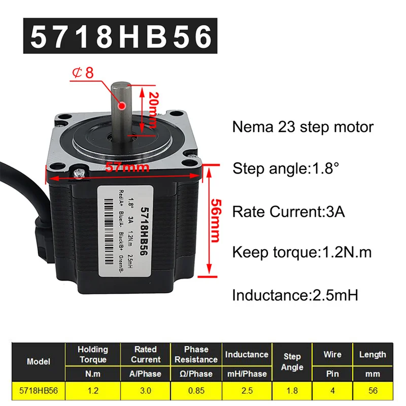 57BYG stepper motor 56mm 2 phase 1.8 degree 3A 1.2N.m hybrid driver motor Nema 23 Step Motor