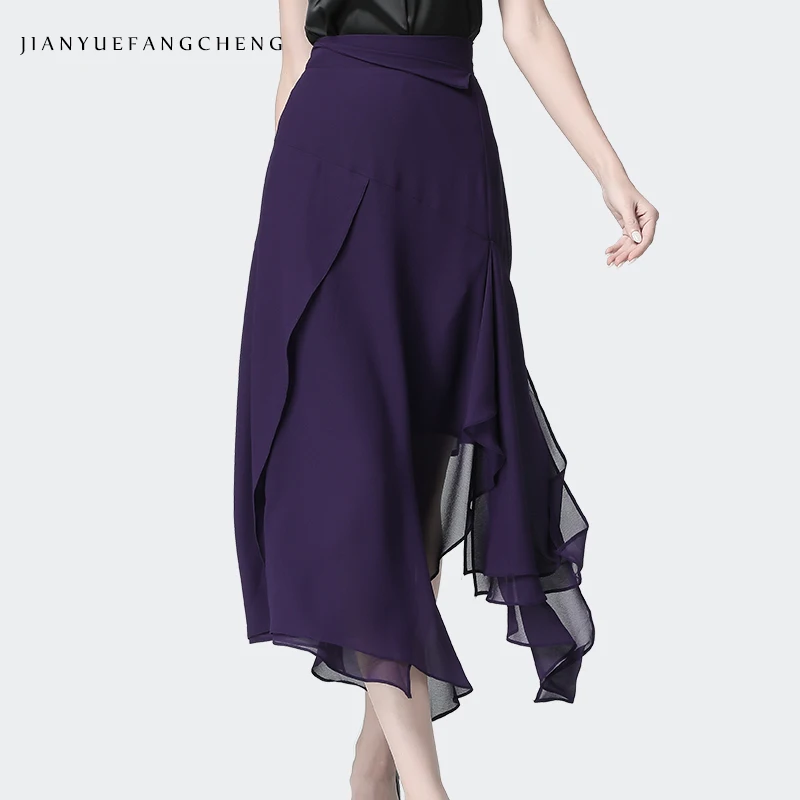 Fashion Women Purple Chiffon Maxi Skirt For Summer High Waist A-Line Irregular Splicing Elegant Flowing Casual Party Long Skirts