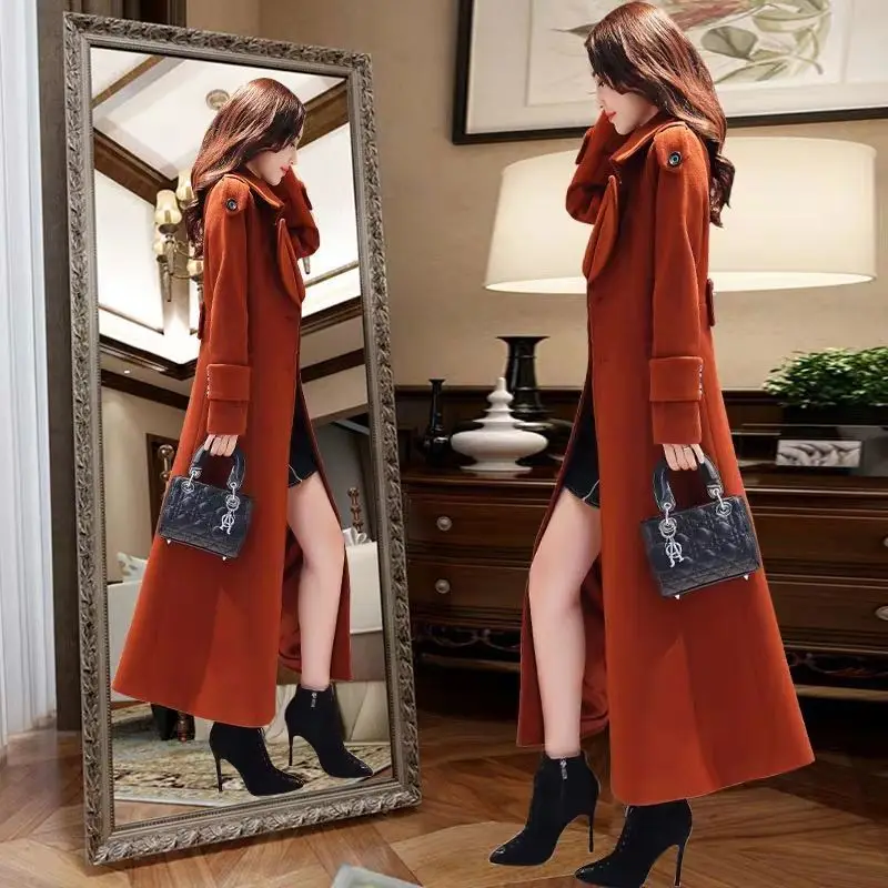 Women\'s Long Woolen Coat 2023 Spring Autumn New Korean Waist Slimming Over-Knee Thick Keep Warm Woolen Coat Lady Overcoat W2