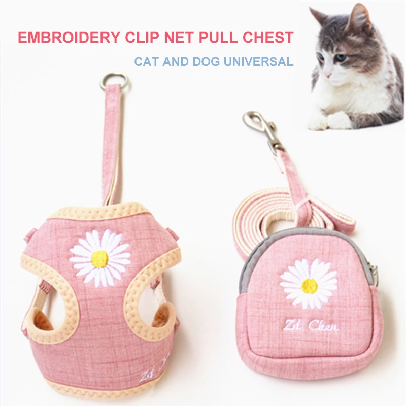 Pet Dog Harnesses Vest Puppy Leash Adjustable Small Dog Embroidery Flower Pattern Nylon Harness Pet Accessories