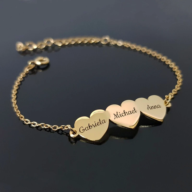 Personalized Family Members Name Bracelet Anniversary Jewelry Stainless Steel Cute Heart Engraving Nameplate Charm Bracelet