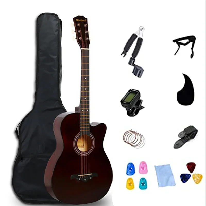 38 Polegada guitarra acústica folk guitarra para iniciantes 6 cordas basswood com conjuntos preto branco madeira marrom ru frete agt16a