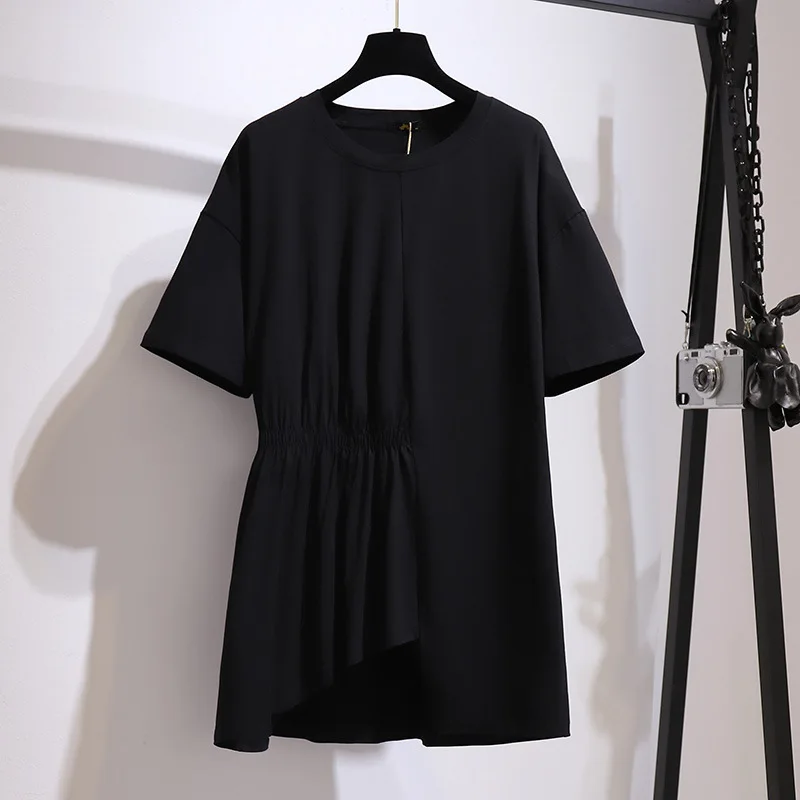 New 2021 Ladies Summer Plus Size Women Clothing Tops For Women Large Short Sleeve Loose Cotton Black Fold Long T-shirt 7XL