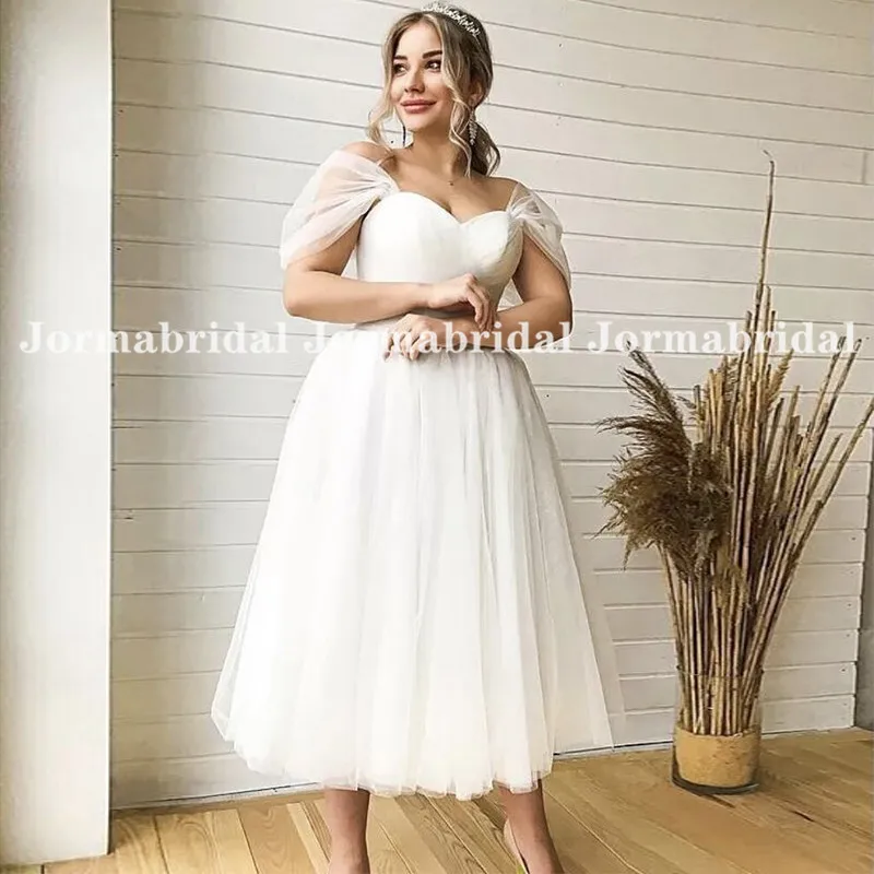 Summer Short Wedding Dresses Off The Shoulder Straps Soft Tulle Tea Length Beach Bridal Dress Formal Party Gowns Customized