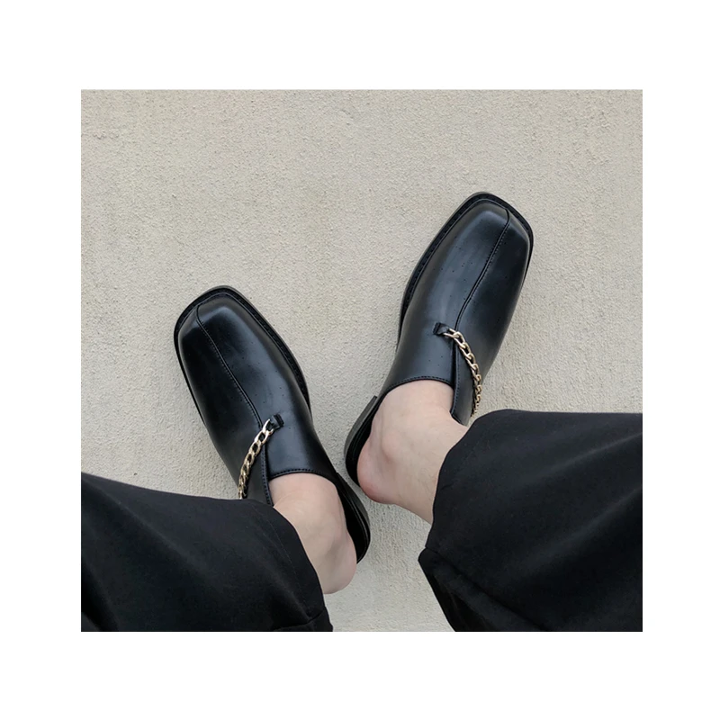 Men\'s Punk Style Metal Chain Slip On Mules Modern Man Fashion Square Toe Slides Summer Cool Boy Daily Shoes