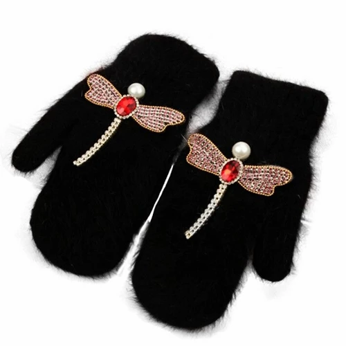 2018 women Gloves winter Crystal dragonfly Rabbit fur brand gloves for female double warm full finger Mittens Christmas gifts