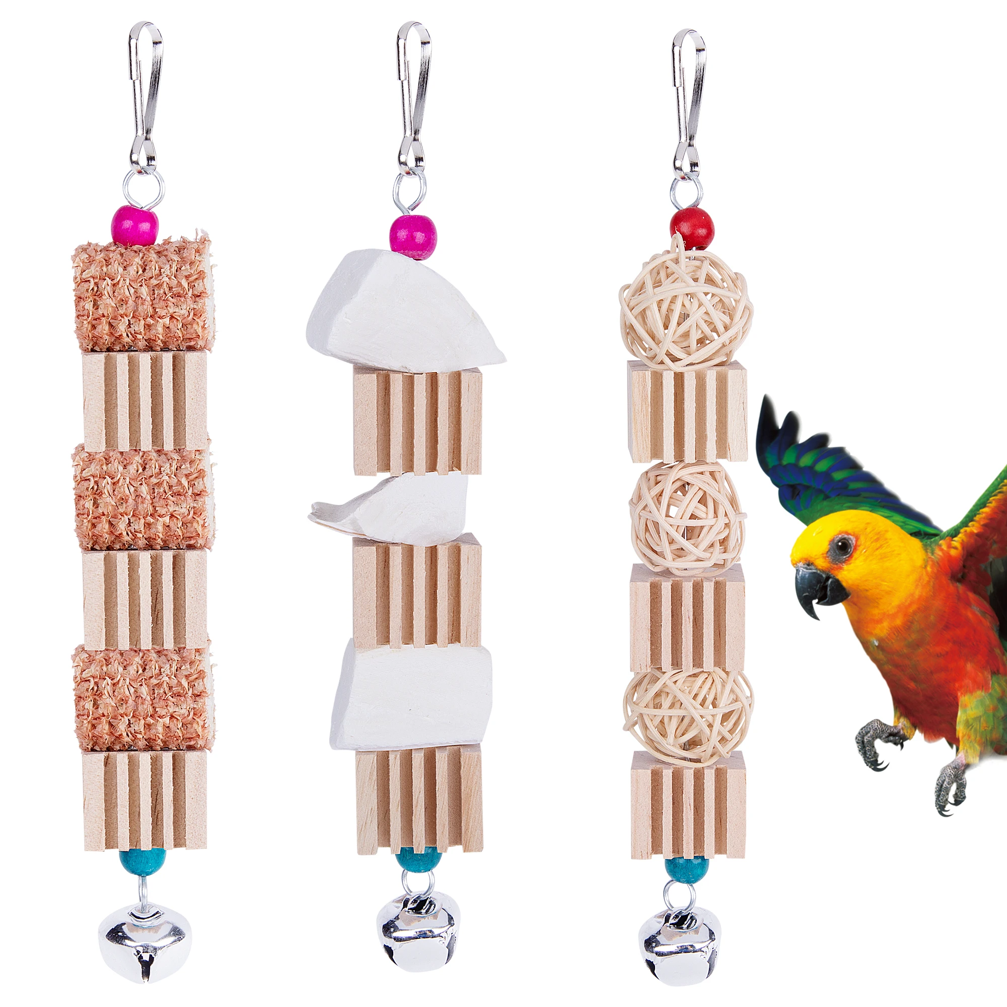 Natural Bird Parrot Toys Wood Chewing Bite Toys with Cuttlefish Bone/Rattan Ball/Corncob Pet Bird Accessories