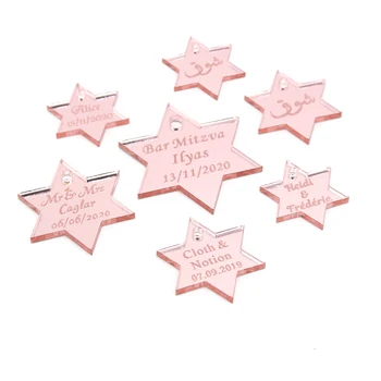 50 Pcs 개인화 된 결혼식 새겨진 금은 거울 육각형 스타 레이블 세례 생일 선물 태그 파티 테이블 장식