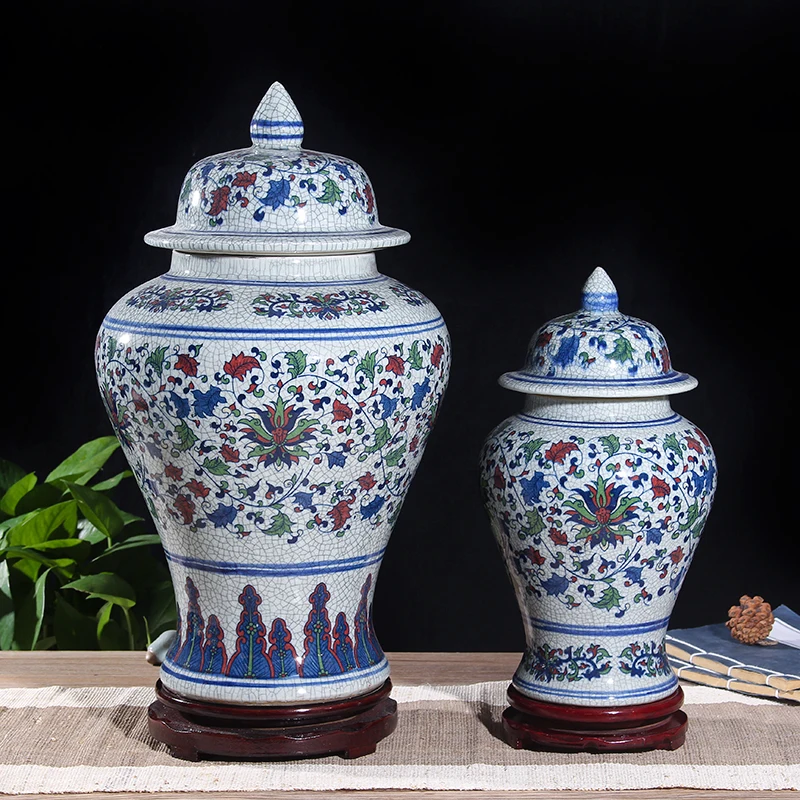 Five Color Ice Cracked Glaze Ceramic Ginger Jar with Lid decorate Ceramic Storage jar Chinese Style porcelain temple jar