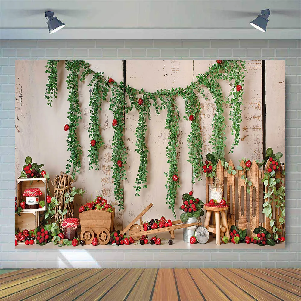 Newborn Kids Portrait Backdrop for Photography Studio Strawberry Theme Birthday Party Decorations Supplies Green Leaves Props